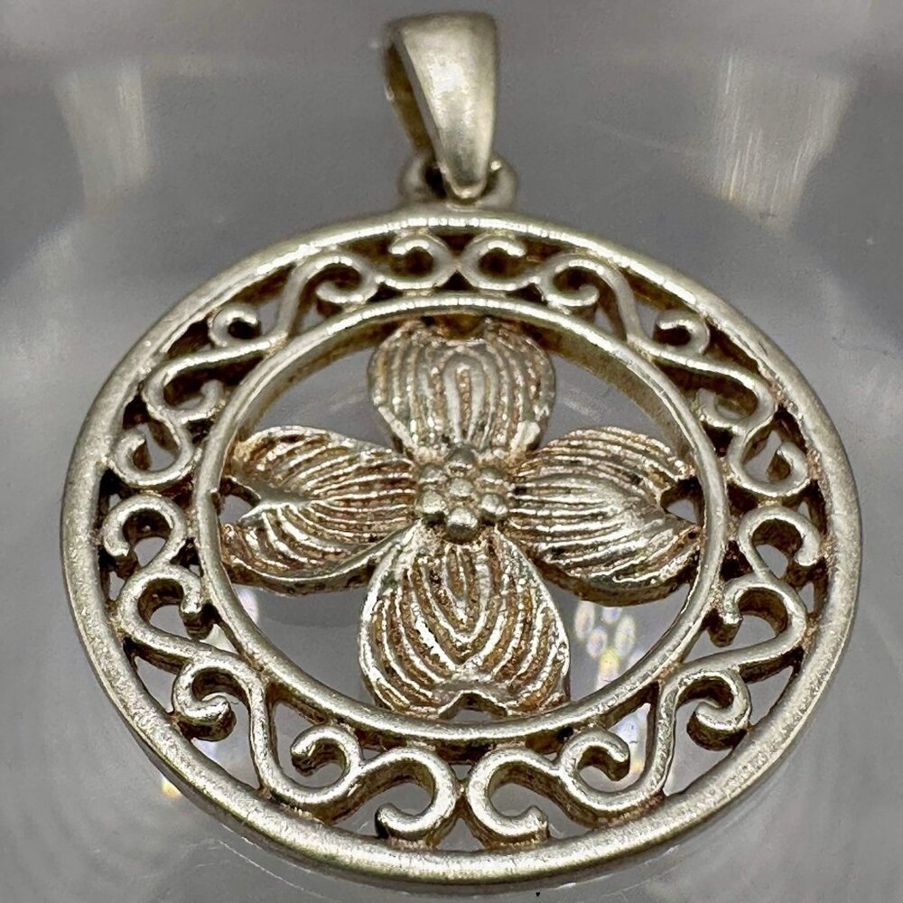 Southern Gates Dogwood Flower Pendant Signed SG Sterling Silver Openwork Charm